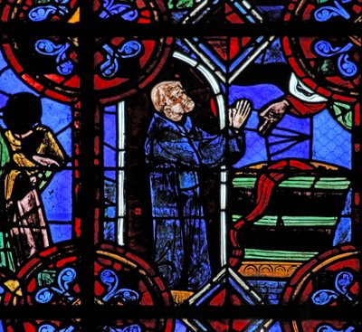 Vindue w06, der viser miraklet med den fulde vintønde ved grundlæggelsen af St. Juliens kloster af French School