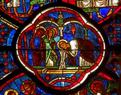 Vindue w0, der viser Sankt Peter, Sankt Jakob og Sankt Johannes ved Opstandelsesgraven af French School