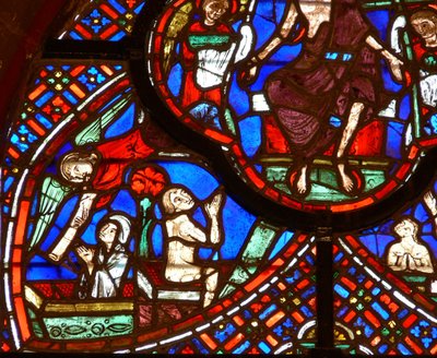 Vindue w0, der viser en scene fra den sidste dom: sjæle genopstår af French School