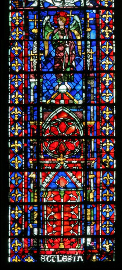 Vindue w100, der forestiller kirkens katedral i Reims af French School