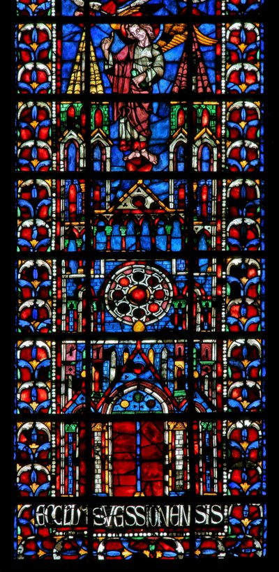 Vindue w102, der viser kirkens katedral i Soissons af French School