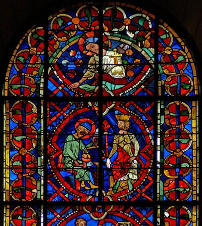 Vindue w107b, der viser St. Eloi foran en konge af French School