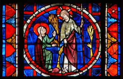 Vindue w109, der viser den hellige Maria Magdalene med Kristus i opstandelsens have af French School