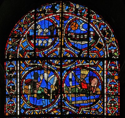 Vindue w11-R, der viser Josephs drøm om solen, månen og hvedeskærene, der bøjer sig for hans skær. af French School