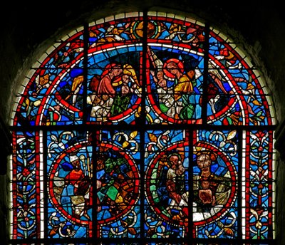 Vindue w12-L, der viser engle, bærer sjæle til paradis; fragmentarisk panel - en biskop? Abrahams skød af French School