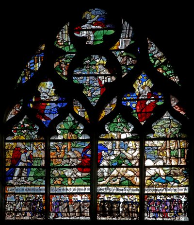 Vindue w120, der viser skabelsen og medlemmer af Confrérie de Charité af French School