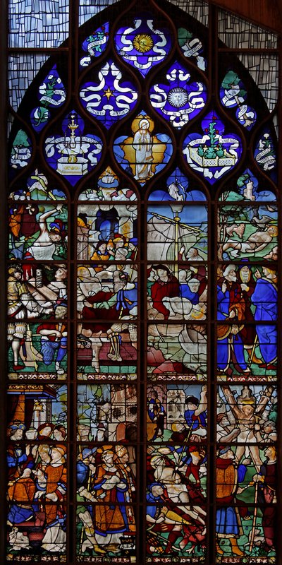 Vindue w13, der viser St. Vincents martyrium; jomfruens litani i sporingslysene af French School