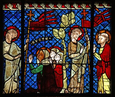 Vindue w14, der forestiller Kristus, viser sig for kvinderne og St. Peter af French School