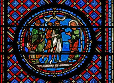 Vindue w14 viser Simon Magus og Sankt Peter før Herodes af French School