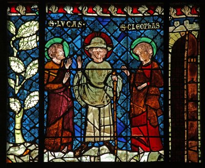 Vindue w14, der viser mødet med Kristus på vejen til Emmaus: Sankt Lukas og Sankt Kleophas af French School