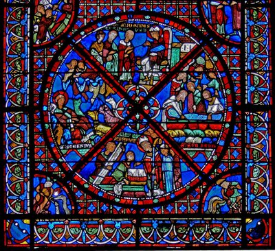 Vindue w15, der viser historien om St. Stephens relikvier: den nederste del af vinduet af French School