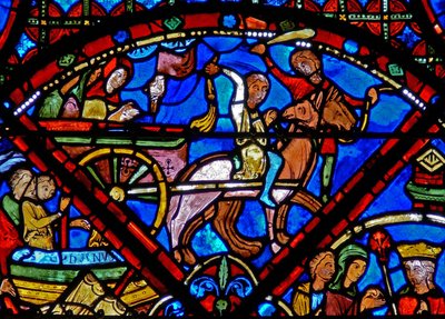 Vindue w15, der viser historien om St Stephens relikvier: transport af relikvier med hest og vogn af French School
