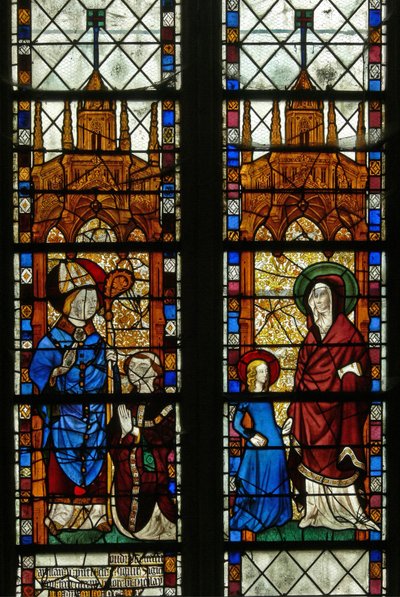 Vindue w17, der viser Skt. Nicholas og donoren Oudin de Troyes; Sankt Anne og Jomfru Maria af French School
