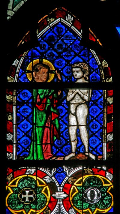 Fenster w17, die Erschaffung Adams darstellend von French School