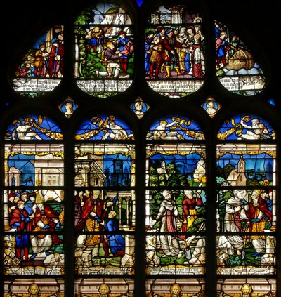 Vindue w19, der viser scener fra St Fiacres liv af French School