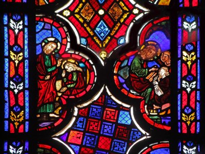 Vindue w1 forestiller Jesus med Martha og Maria Magdalene af French School