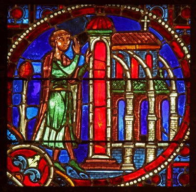 Vindue w1 viser en scene fra Theophilus-historien: han går ind i en kirke for at omvende sig af French School