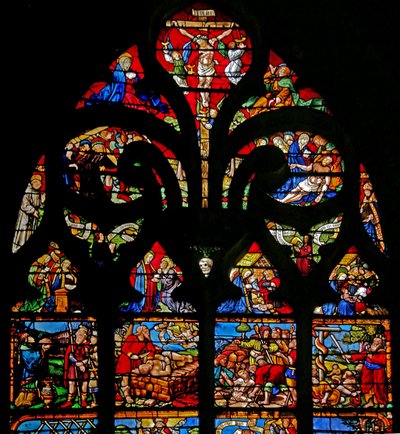 Vindue w1, der viser korsfæstelsen med Maria og Johannes, Via Crucis, aflejringen af French School