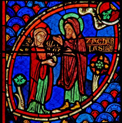 Vindue w20 viser Zacharias og Elizabeth, forældrene til Johannes Døberen af French School
