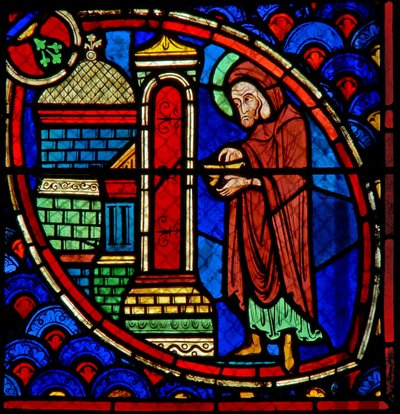 Vindue w20 viser Zacharias, faderen til Johannes Døberen, i templet af French School