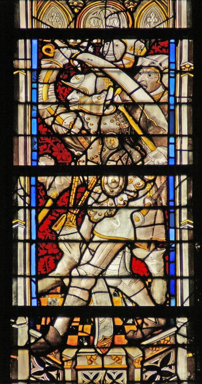 Vindue w214, der viser riddere, der dræber St. Thomas Becket af French School