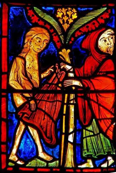 Vindue w21, der forestiller Zosimus, giver St. Mary den egyptiske sin kappe af French School