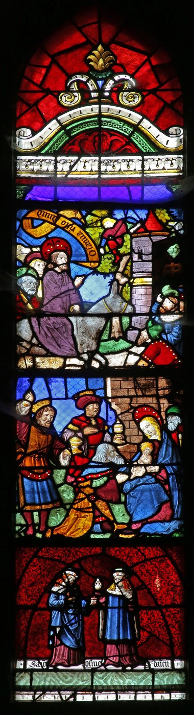 Vindue w22, der viser indtoget til Jerusalem; Tilbedelse af Magi; Ss Cosmos og Damian af French School