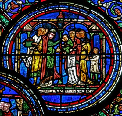 Vindue w23 forestillende St Thomas Becket konfirmerende børn af French School