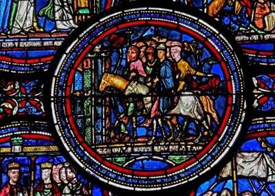 Vindue w23 viser St. Thomas Becket på vej til Canterbury af French School