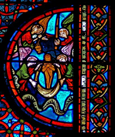 Vindue w23, der viser lignelsen om dyk og Lazarus: Lazarus sjæl i himlen af French School