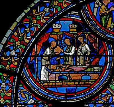 Vindue w23, der viser begravelsen af St. Thomas Becket af French School