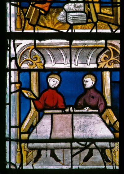 Fenster w25 zeigt einen Tuchhändler bei der Arbeit im Tuchhändlerfenster von French School