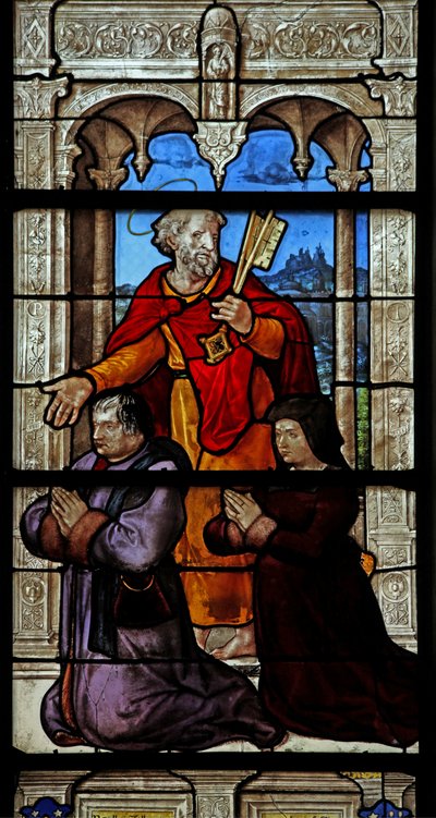 Vindue w32, der viser Sankt Peter og to donorer af French School