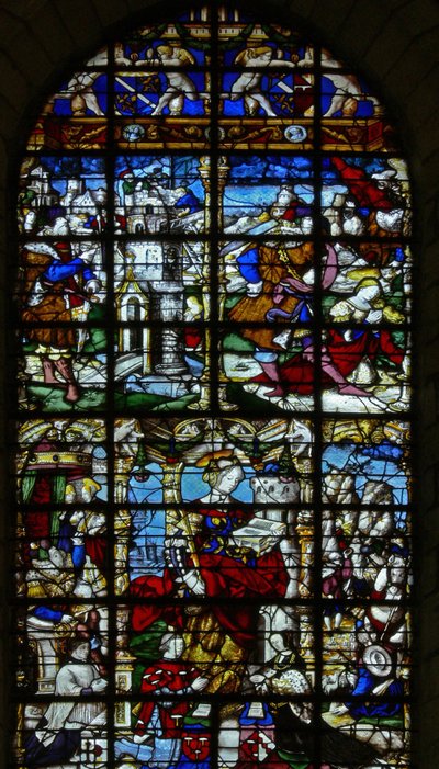 Vindue w37, der viser scener fra St Barbaras liv af French School