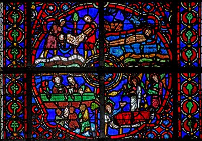 Vindue w39, der viser scener fra St Lawrences liv af French School