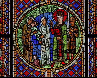 Vindue w3, der forestiller Salomon, tildeler barnet til den rigtige mor af French School