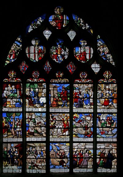 Vindue w3, der viser scener fra St Nicholas liv af French School