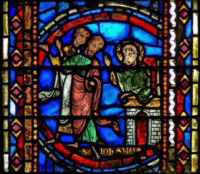 Vindue w53, der forestiller Johannes Døberen, sender sine disciple til Kristus af French School