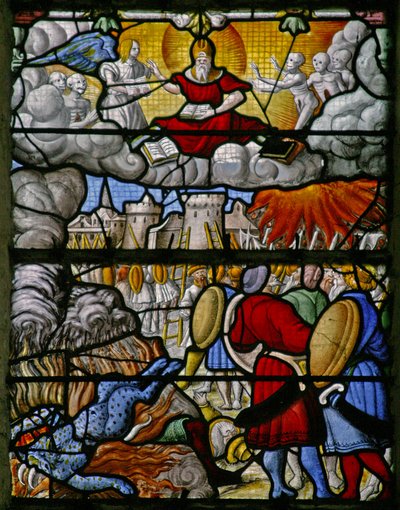 Vindue w5 skildrer en scene fra St Johns Book of the Revelation: jordens hære forårsager kaos; havet giver sine døde af French School
