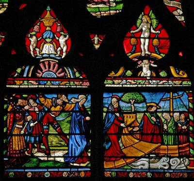Vindue w6 viser en scene fra den hellige Maria Magdalenas liv - hun går om bord på en båd af French School