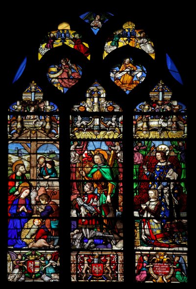 Vindue w6, der forestiller Fødselen med Hyrder; donorer Gaspard de Coligny og hustru og skytshelgener af French School
