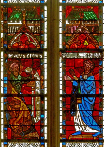 Vindue w8 viser St. Augustine og en donor, der modtager reglen af French School