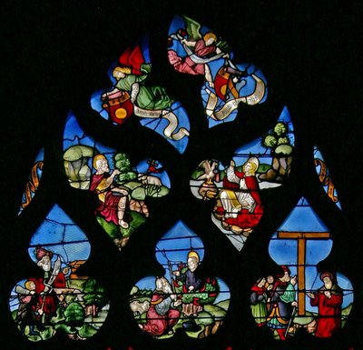 Vindue w8, der forestiller Johannes Døberen, Johannes Evangelisten, Abraham og Isak, Moses og den brændende busk og korshøjden af French School
