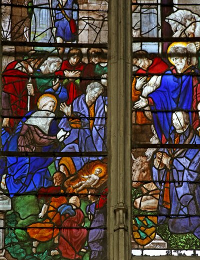 Vindue w9, der viser hyrdernes tilbedelse; donoren, Baurot og St. Roche af French School