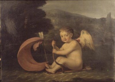 Bevinget Amor, sejler en båd med koggerskrog og pilemast, ca. 1800 af French School