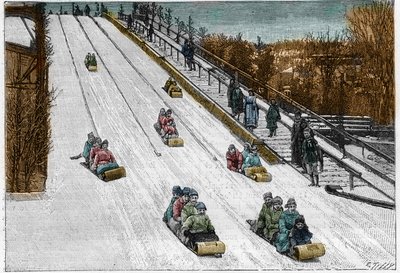 Vinterspil og sport: Tobogan-rutschebanen, rutsjebane i Montreal Park, Canada. Indgravering i "" Nature. Journal of science og dets anvendelser til kunst og industri. af French School