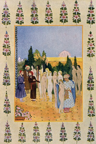 Med min kappe skal jeg beskytte hendes nøgenhed, illustration fra The Arabian Nights, 1895 (farvegravering) af French School