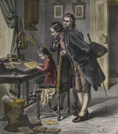 Wolfgang Amadeus Mozart skriver en koncert i nærværelse af sin far, Leopold, illustration fra 