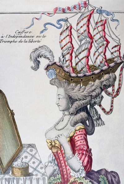 Kvinde i en dagskjole med frisure a la Belle Poule, periode med amerikansk uafhængighed, 1779-80 af French School