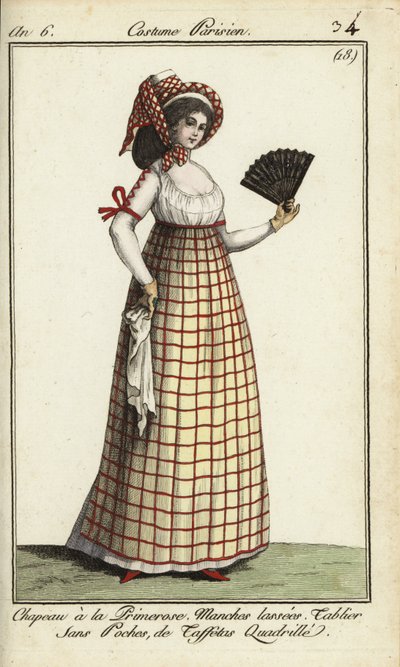 Kvinde i Primerose-hattemoden fra 1798 (håndfarvet kobberstik) af French School
